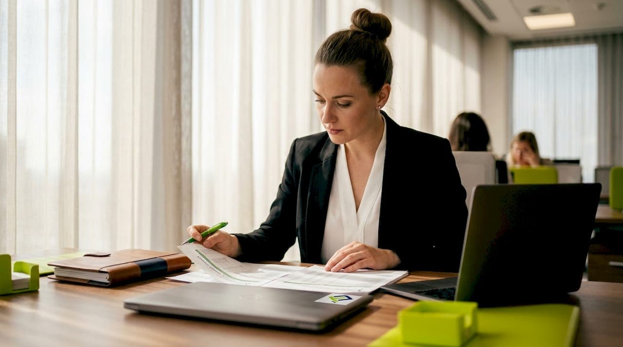 HR manager reviewing payroll report at desk