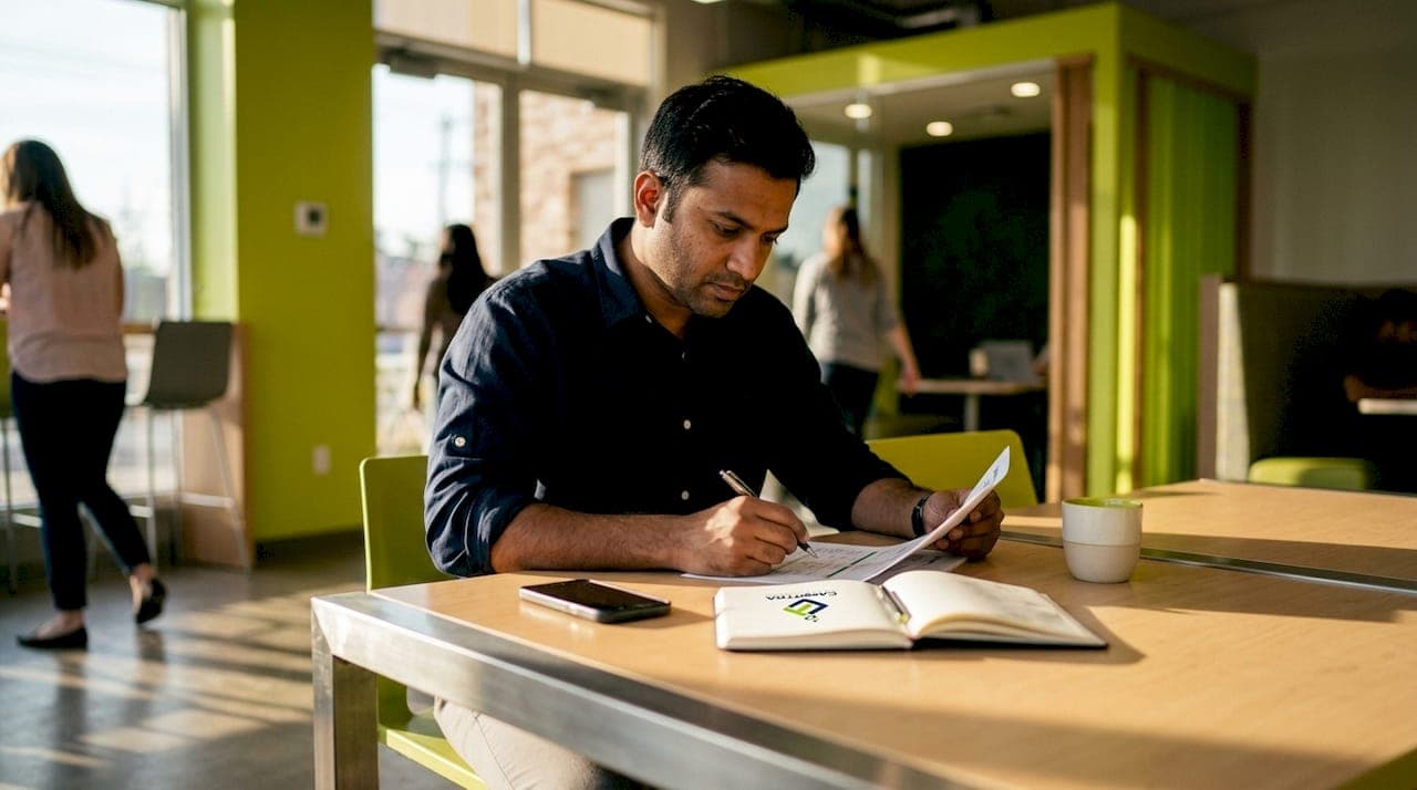 Man reviewing payroll reports at office desk