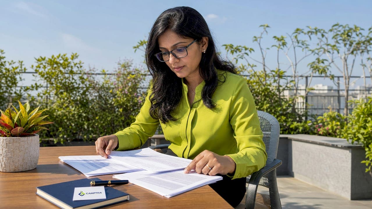 Payroll specialist reviewing reports at desk