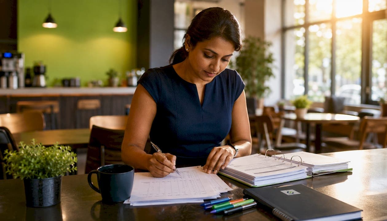 Analyst reviewing payroll reports at desk