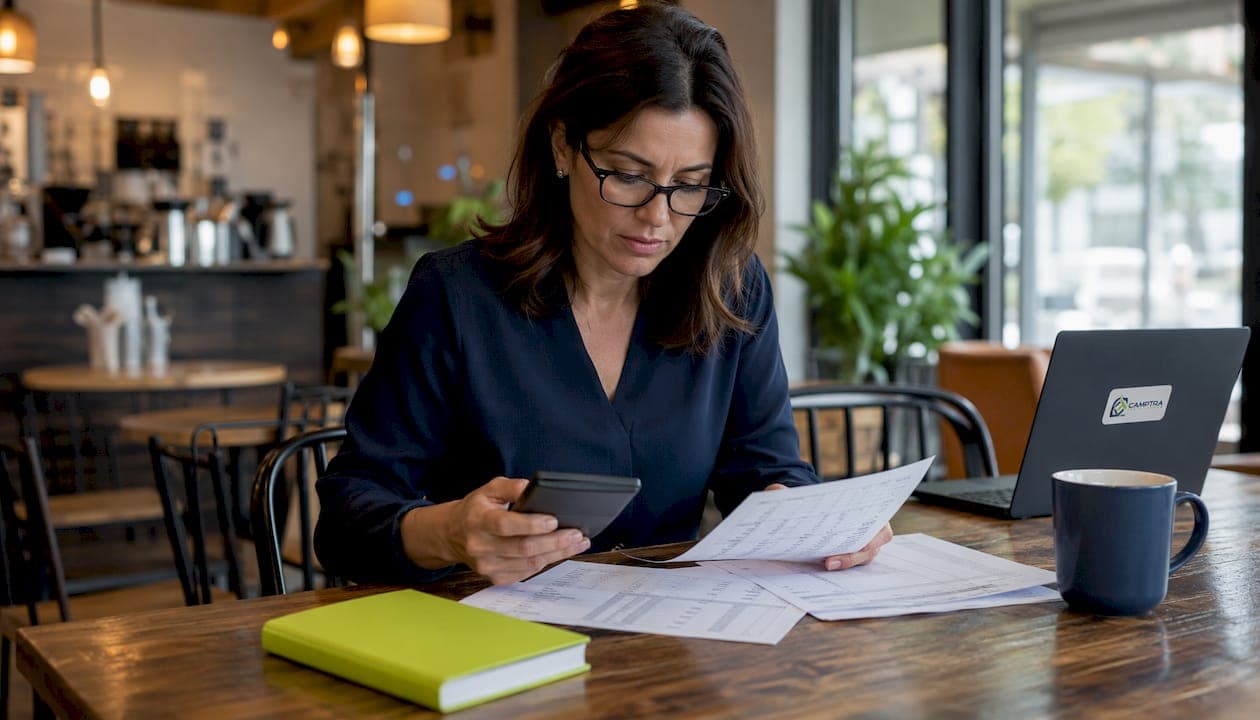 Accountant analyzing payroll reports and time sheets