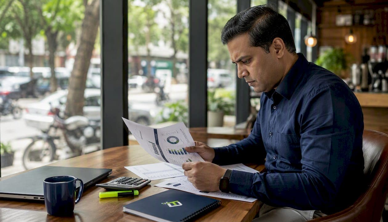 Man reviewing payroll costing reports at desk