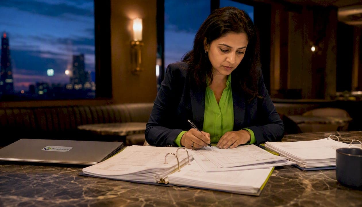 Accountant reviewing payroll reports in office
