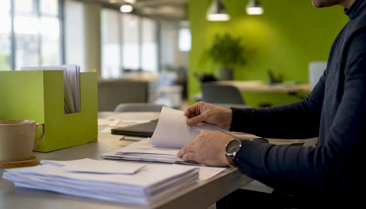 Hands sorting payroll reports in office