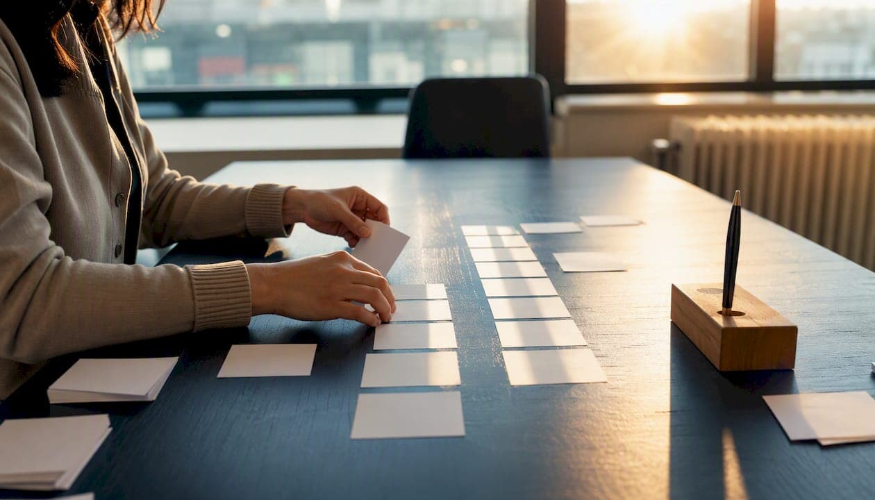 Hands arranging payroll GL mapping flowchart cards
