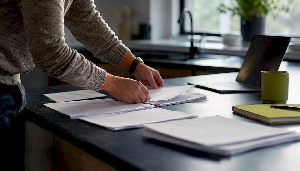 Hands aligning payroll data cards on desk
